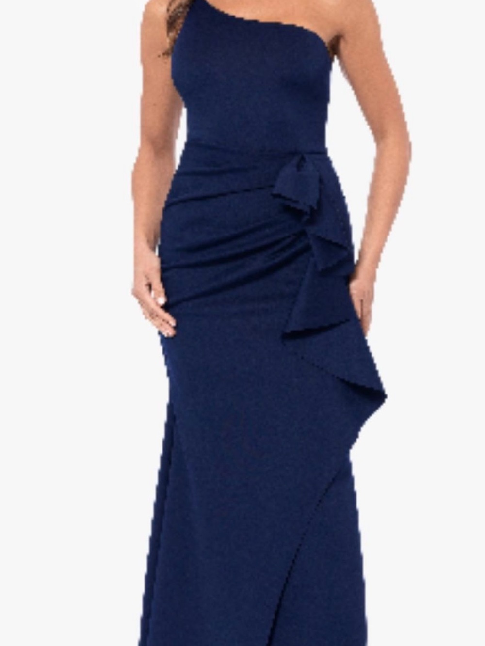 Xscape Navy One-Shoulder Ruffle Gown - Picture 2 of 5